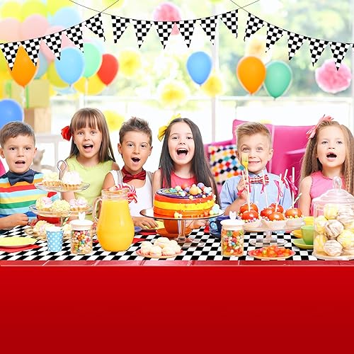 Vista 6 de Paquete de 3 manteles de plástico de auto de carreras, mantel desechable a cuadros rojos y negros, mantel rectangular a cuadros de búfalo