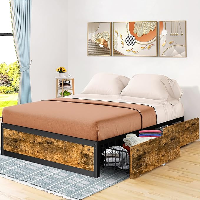 Pliwier Bed Frame with 4 Drawers, Metal Platform Bed Frame
