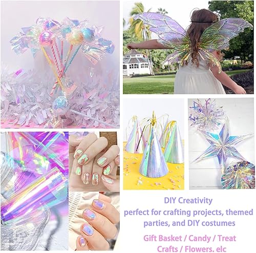 Miniatura 6 de GcFoir Rollo de papel de seda iridiscente de celofán iridiscente de 34 pulgadas x 66 pies con 2 cintas de celofán para cestas de regalo, golosinas,