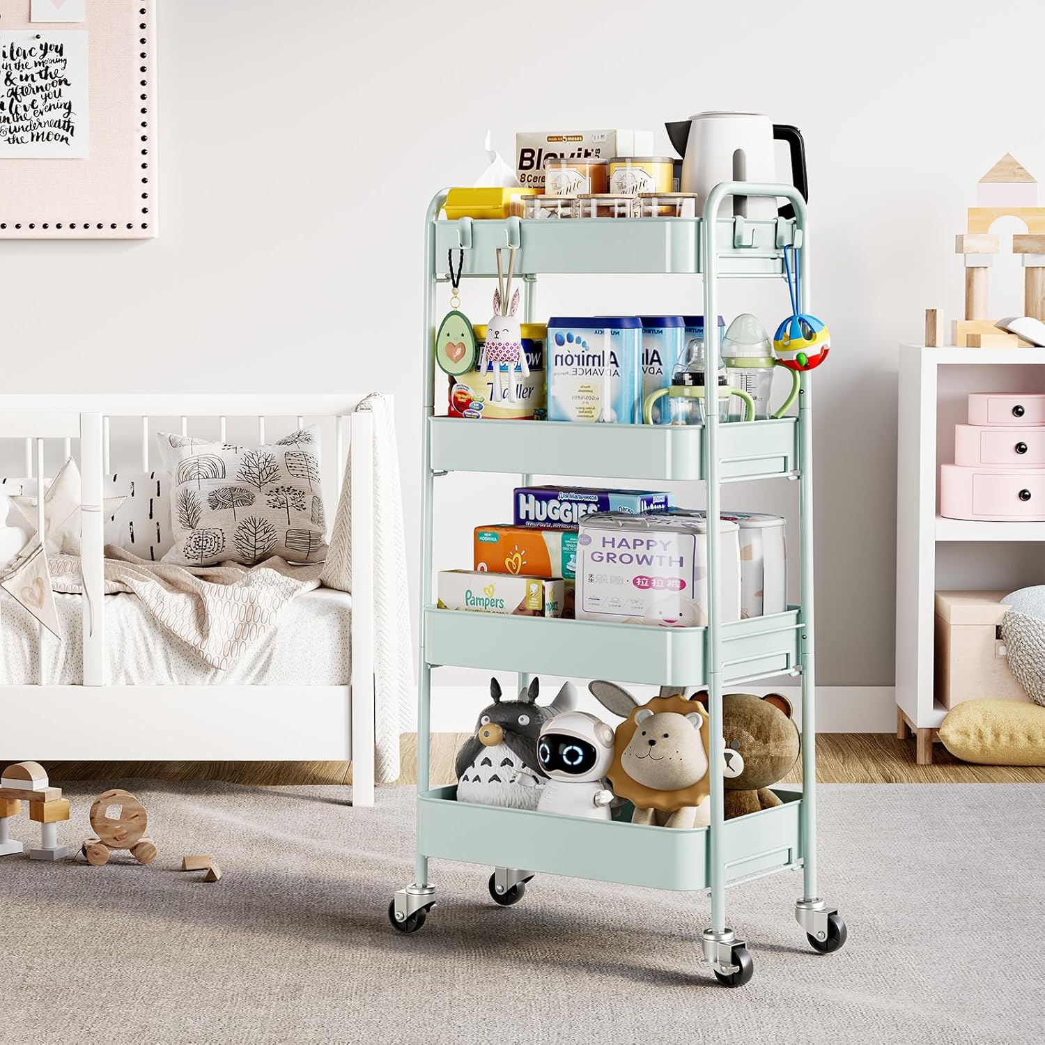 TOOLF 4-Tier Rolling Cart - Metal Storage Organizer with Lockable Wheels, 44 lbs Per Shelf Capacity, Tool-Free Assembly, for Kitchen Bathroom Office Laundry Room Nursery, Green