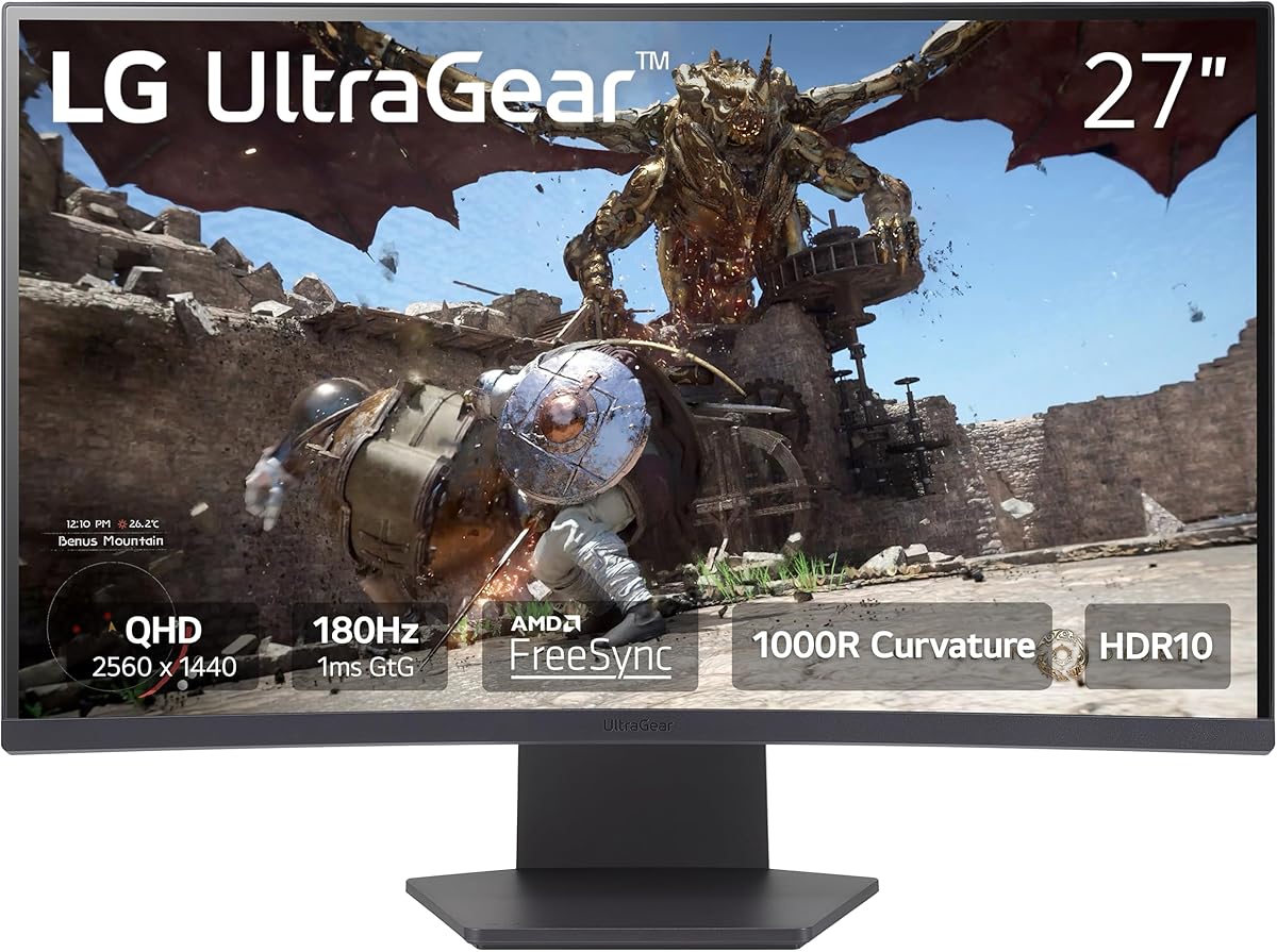 LG 27GS60QC-B Ultragear Curved Gaming Monitor 27-Inch QHD (2560x1440) 180Hz 1ms 1000R AMD FreeSync HDR10 HDMIx2 DisplayPort Borderless Design Black Stabilizer DAS Crosshair FPS Counter