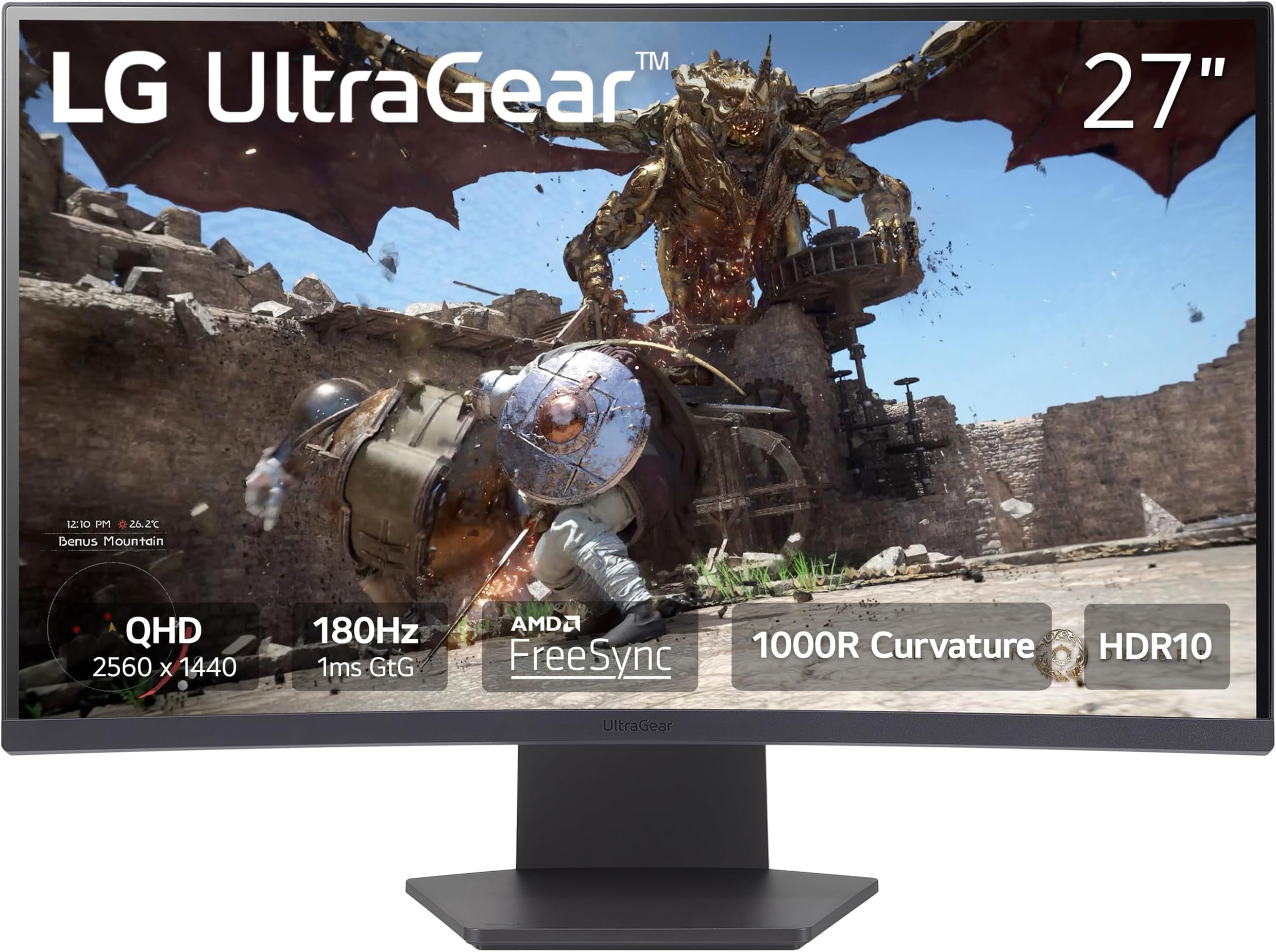 27GS60QC-B Ultragear 27-inch Curved Gaming Monitor QHD (2560x1440) 180Hz 1ms 1000R AMD FreeSync HDR10 HDMIx2 DisplayPort Borderless Design Black Stabilizer DAS Crosshair FPS Counter - Black