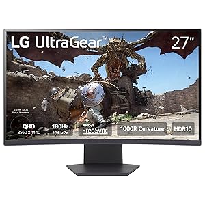LG 27GS60QC-B Ultragear Curved Gaming Monitor 27-Inch QHD (2560x1440) 180Hz 1ms 1000R AMD FreeSync HDR10 HDMIx2 DisplayPort Borderless Design Black Stabilizer DAS Crosshair FPS Counter - Black