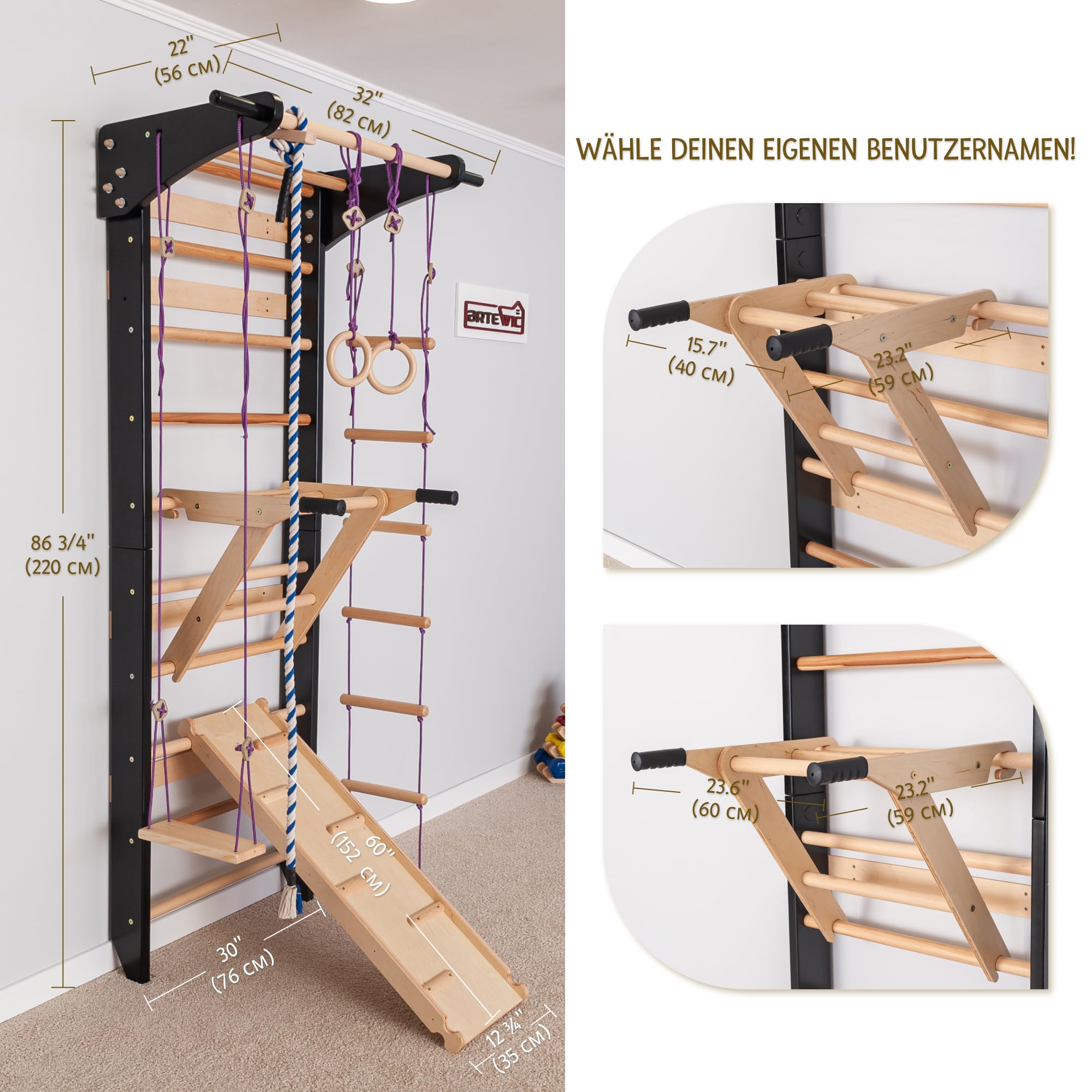 Sprossenwand Holz mit Rutsche & Schaukel - Indoor Klettergerüst für Kinder & Erwachsene - Turnwand mit Kletterbrett & Zubehör - Massiv bis 150kg (Schwarz)
