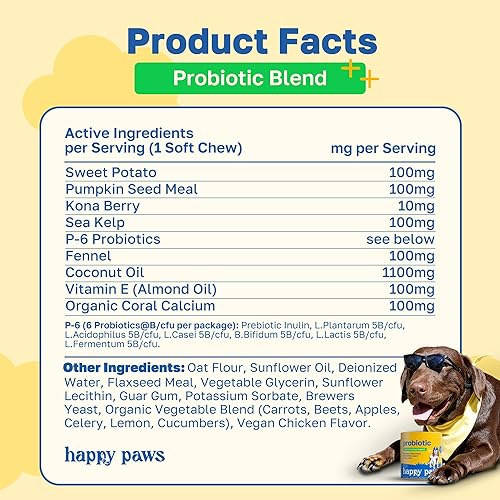 Miniatura 7 de Happy Paws Apoyo probiótico para la salud intestinal para perros, masticables suaves con probióticos, semillas de calabaza, batata, hinojo, aceite