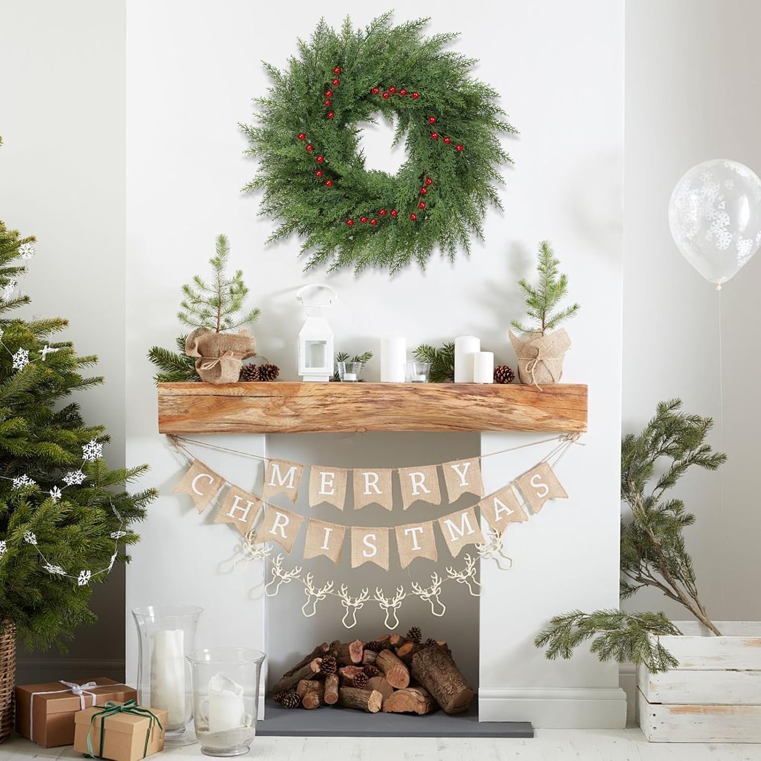 Lush Christmas Wreaths for Front Door with Red Berries Christmas Decorations 24 inch Real Touch Faux Cedar Wreath Large Winter Green Wreaths for Windows Outdoor Indoor Walls Home Xmas Holiday Decor