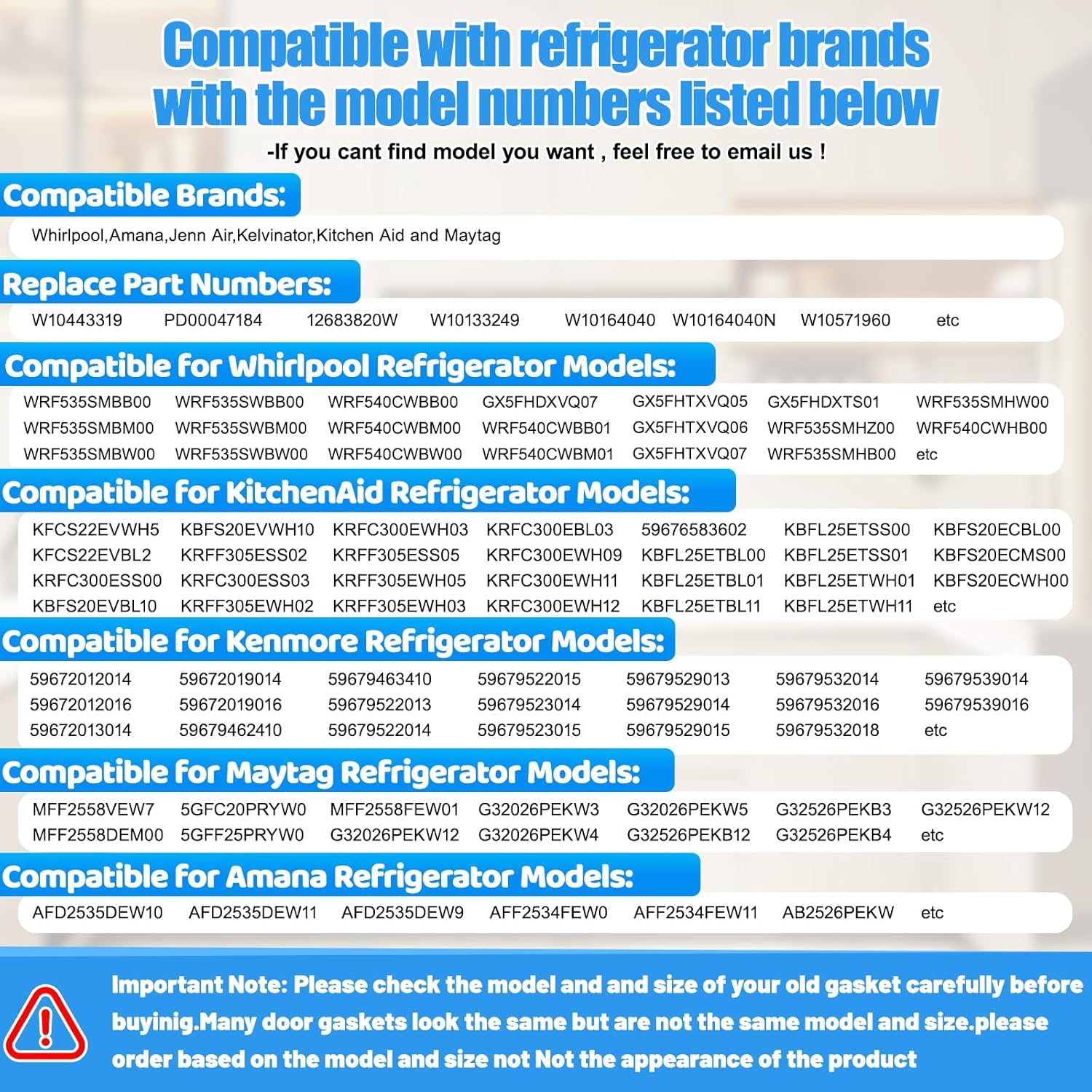 Upgraded 34.37"x 23.03" W10443319 Refrigerator Freezer Door Gasket Compatible with Whirlpool,Kenmore and Kitchen Aid Freezer Door Seal W10133249 W10164040 W10571960 WRF535SMBB00 WRF535SMBM00 White