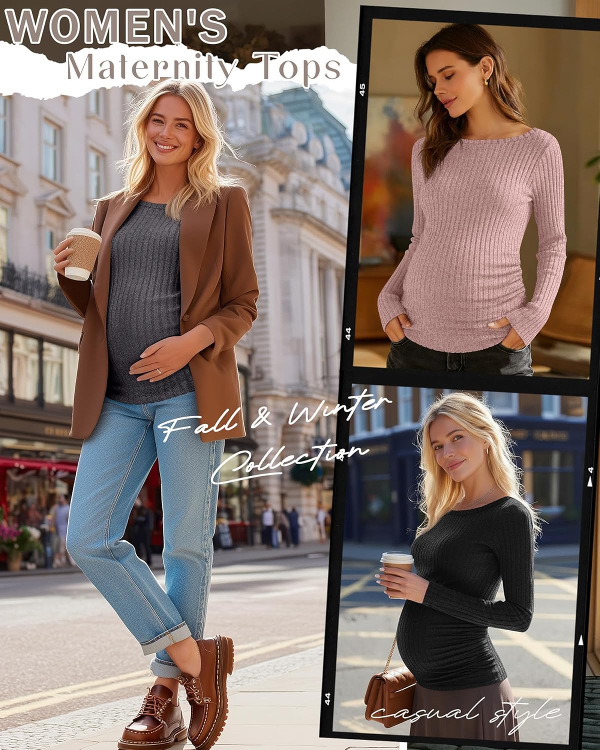 3 Pack Fall Maternity Shirts Long Sleeve Maternity Sweaters Boat Neck Ribbed Lightweight Pregnancy Winter Tops(Dark Gray, Pink, Black,Medium) - Image 3