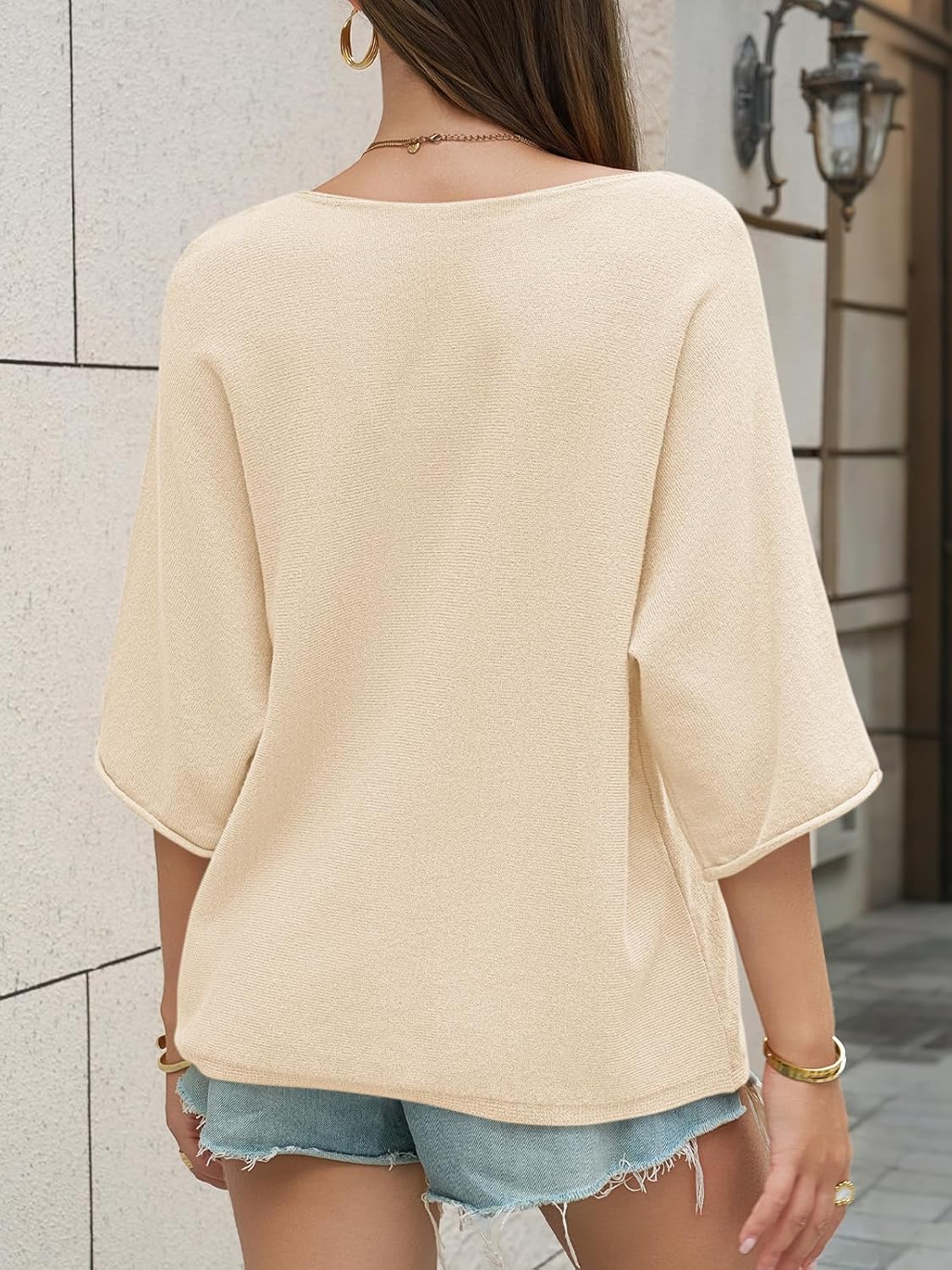 Saodimallsu Womens Oversized Summer Sweater Half Sleeve Batwing V Neck Dolman Sleeve Trendy Casual Knit Tops - Image 6