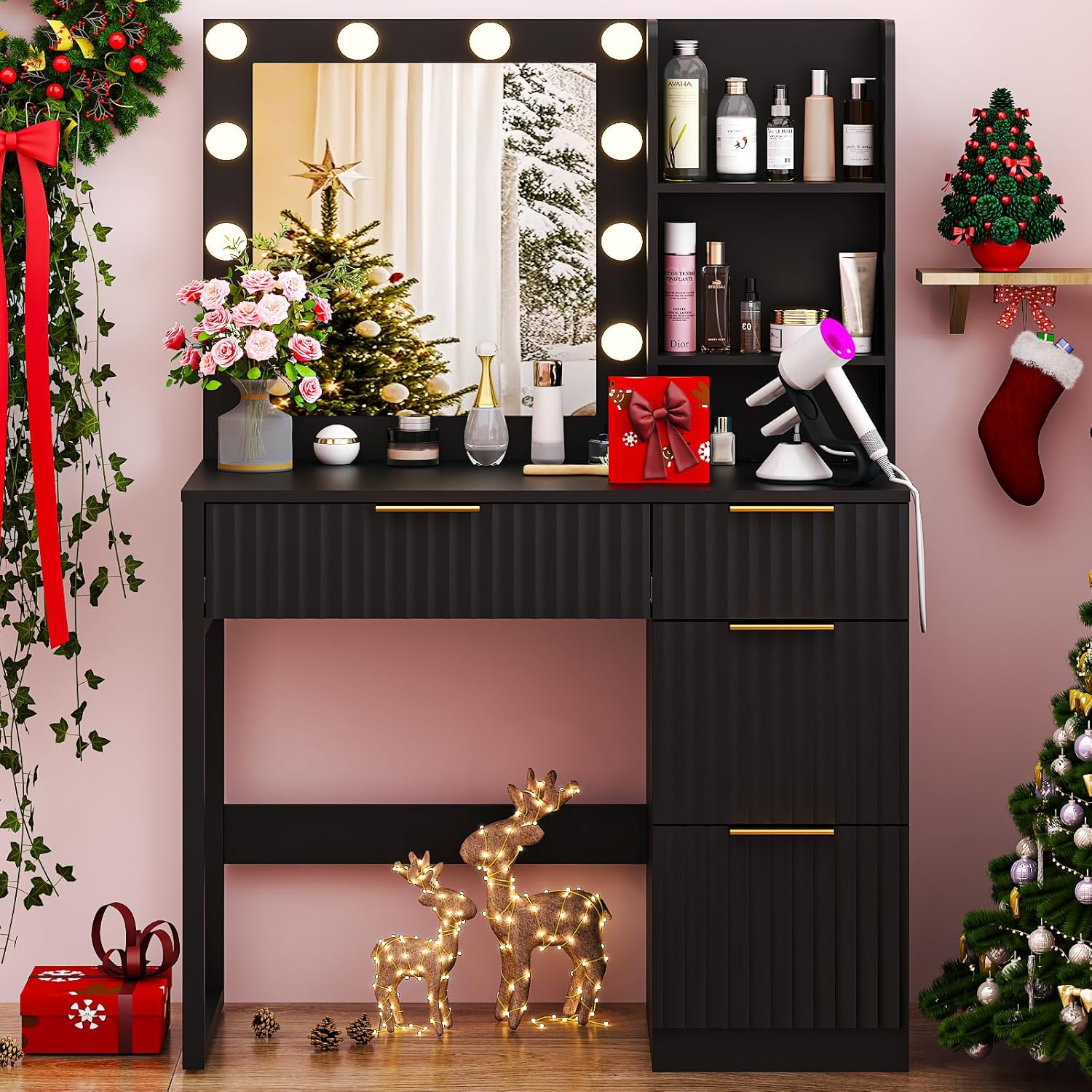 VINGLI 34in Fluted Makeup Vanity Desk with Mirror & Lights & Power Outlet, Small Vanity Table w/ 4 Drawers & 2 Storage Shelves,Black Modern Dressing Table Set Charging Station for Bedroom