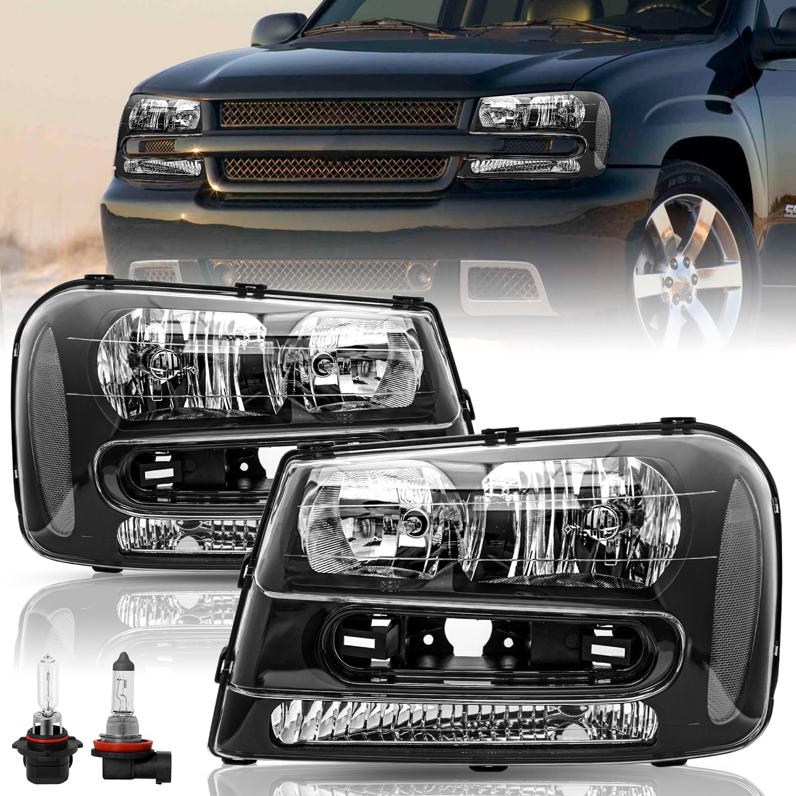 TUSDAR For [Full Length Grill Bar Type] 2002-2009 Chevy Trailblazer Headlights Assembly Bulbs Included Pair Set Replacement Front Lamps Driver &