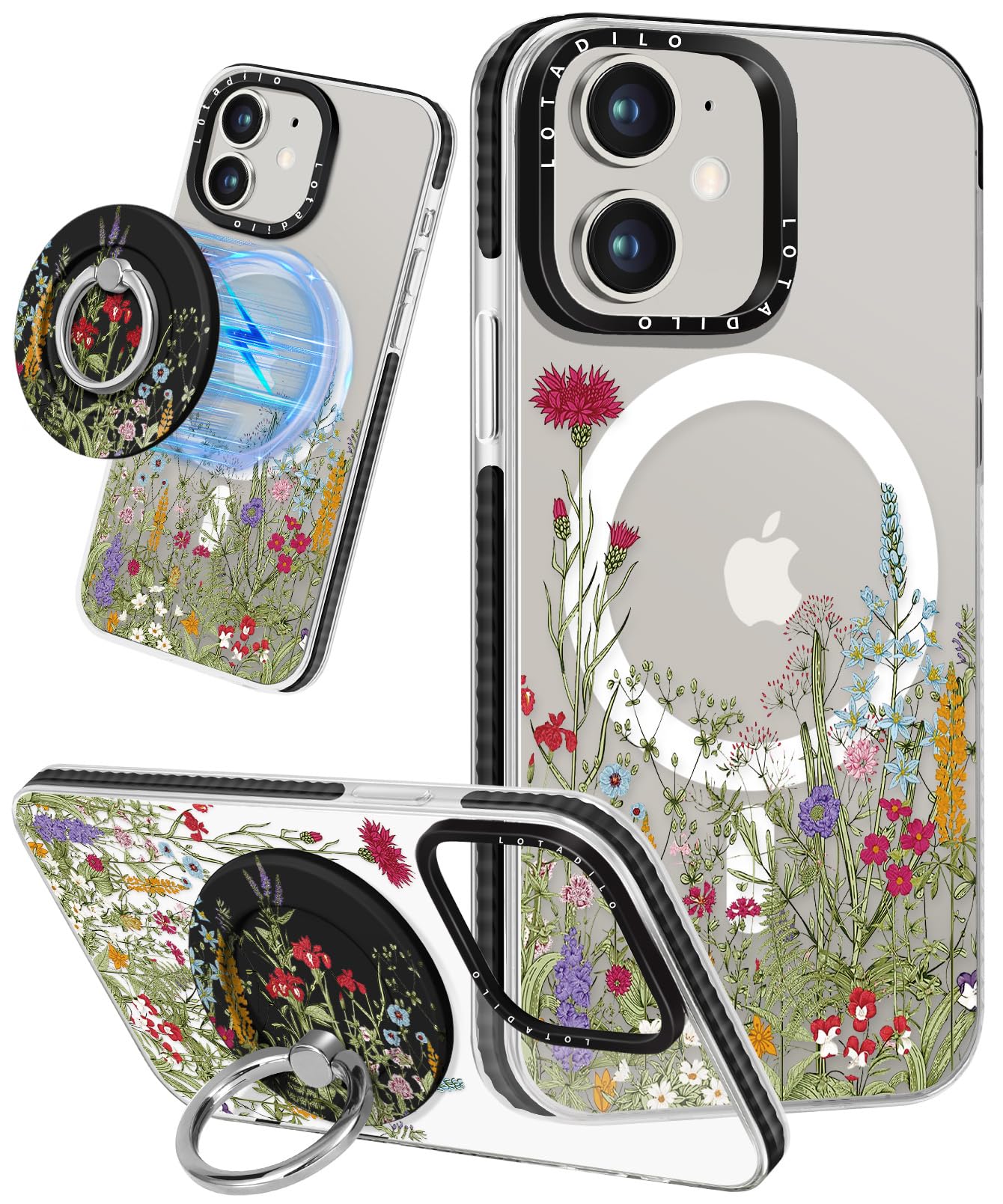 Lotadilo Cute Case for iPhone 11 for Women Girls - Funny Design Compatible with Magsafe Magnetic Ring Holder Kickstand Flowers Plants Fashion Pattern