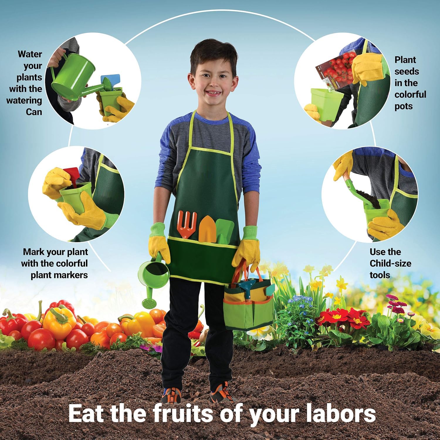 Kit Jardinage Enfants Tigvio - Brouette Métal, 5 Outils, Gants Et Tablier | Cadeau Éducatif Pour Petits Jardiniers