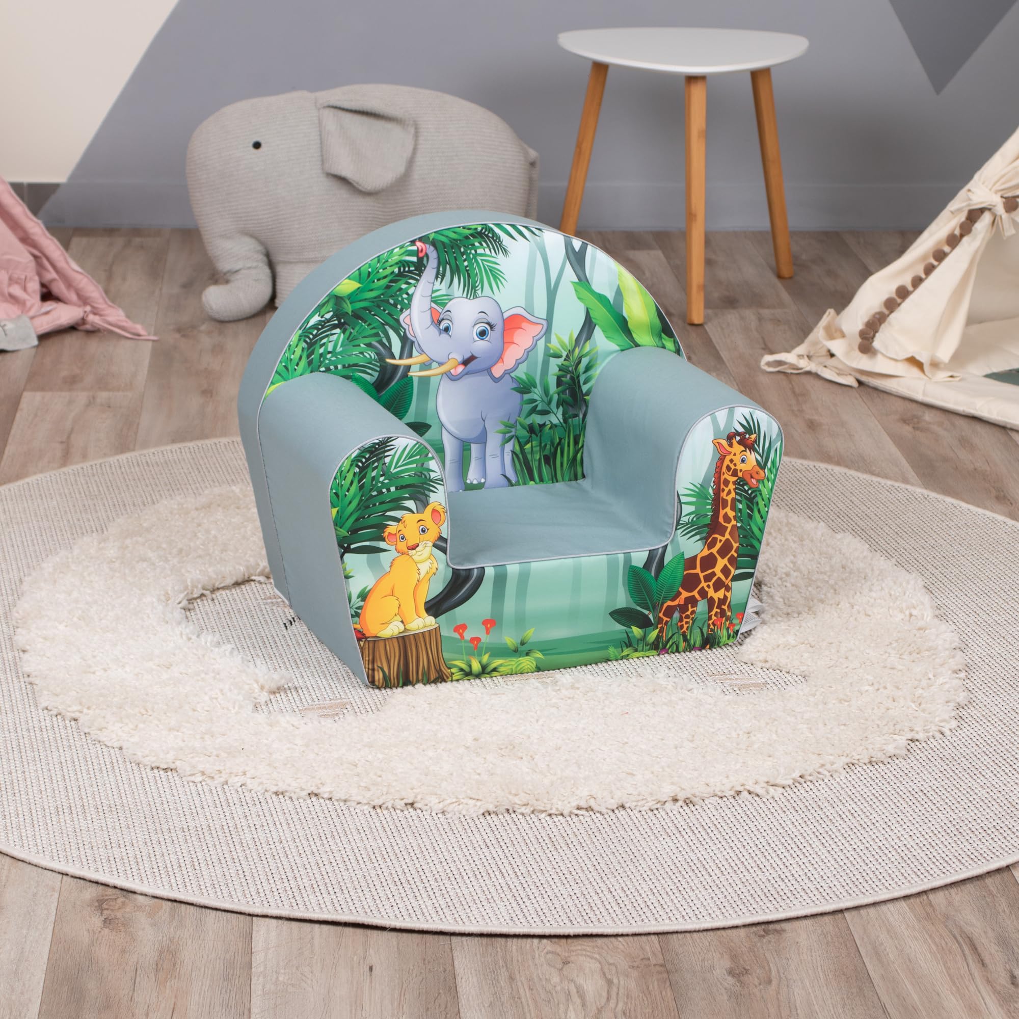 Fauteuil Enfant Animaux de la Jungle Rond, Housse Lavable | Pour chambre d'enfant, confortable et léger, rembourrage en mousse douce