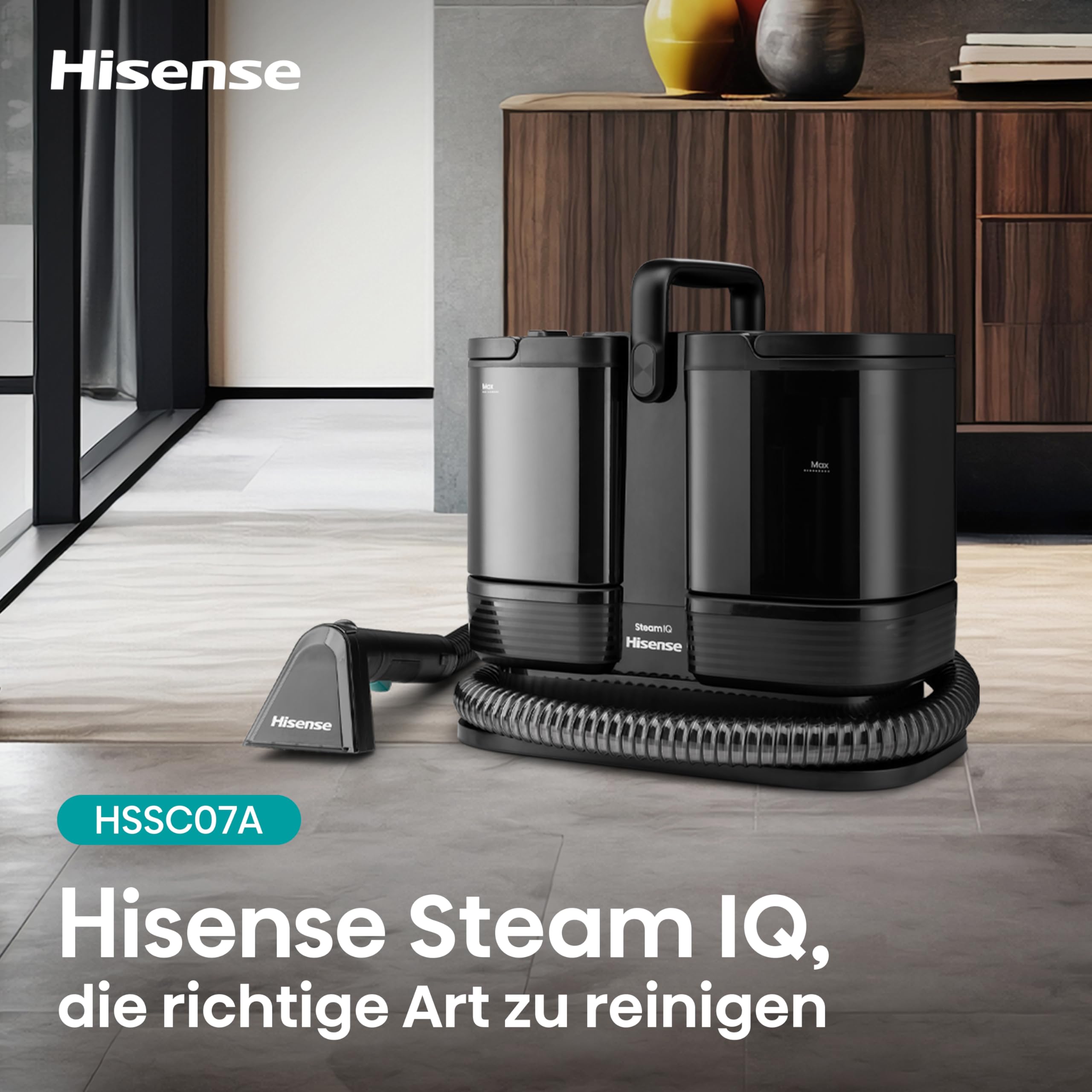 Hisense HSSC007A Dampfreiniger/ 1,8 L Wassertank/ 1500 W/ 2 in 1 Flecken- und Dampfreiniger/ 4 Reinigungsmodi/Kompakt/Selbstreinigungsfunktion/Fugenbürste, Detaildüse, Schaber und Universalbürste