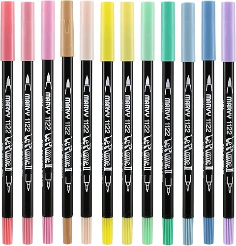 Miniatura 3 de Marcadores Uchida Le Plume II de punta doble, con punta fina y de pincel, 12 unidades, Pastel, 12