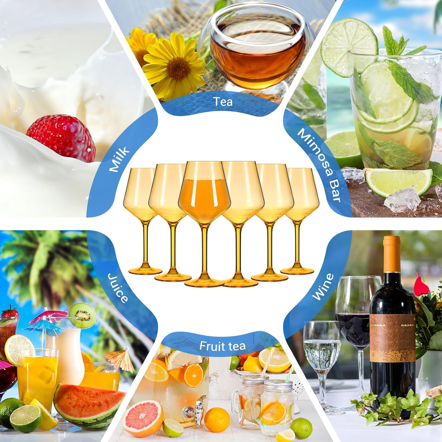 Wine Glasses Set of 6 Acrylic Wine Glasses with Stems 15 oz Glassware Unbreakable Drinking Glasses Elegant Wine Glass Cups Reusable for Wedding, Baby Shower, Outdoor, Pool(Wheaten)