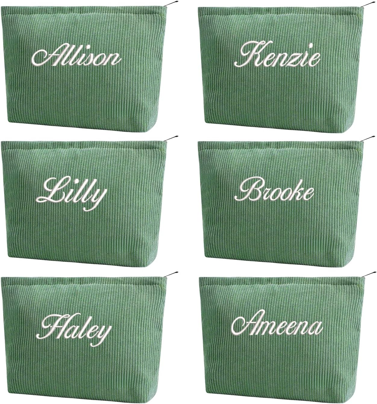 Personalised Corduroy Makeup Bag-Zippered Cosmetic Bag For Women Custom Embroidered Makeuo Pouch Organizer Gift for Her (6, Green)