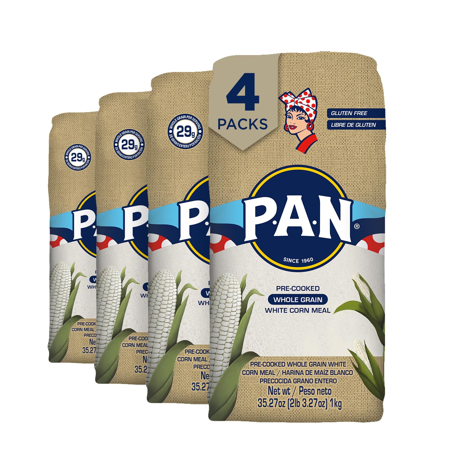 P.A.N. Whole Grain White Corn Meal – Pre-cooked Gluten Free and Kosher Flour for Arepas (2.2 lb/Pack of 4)
