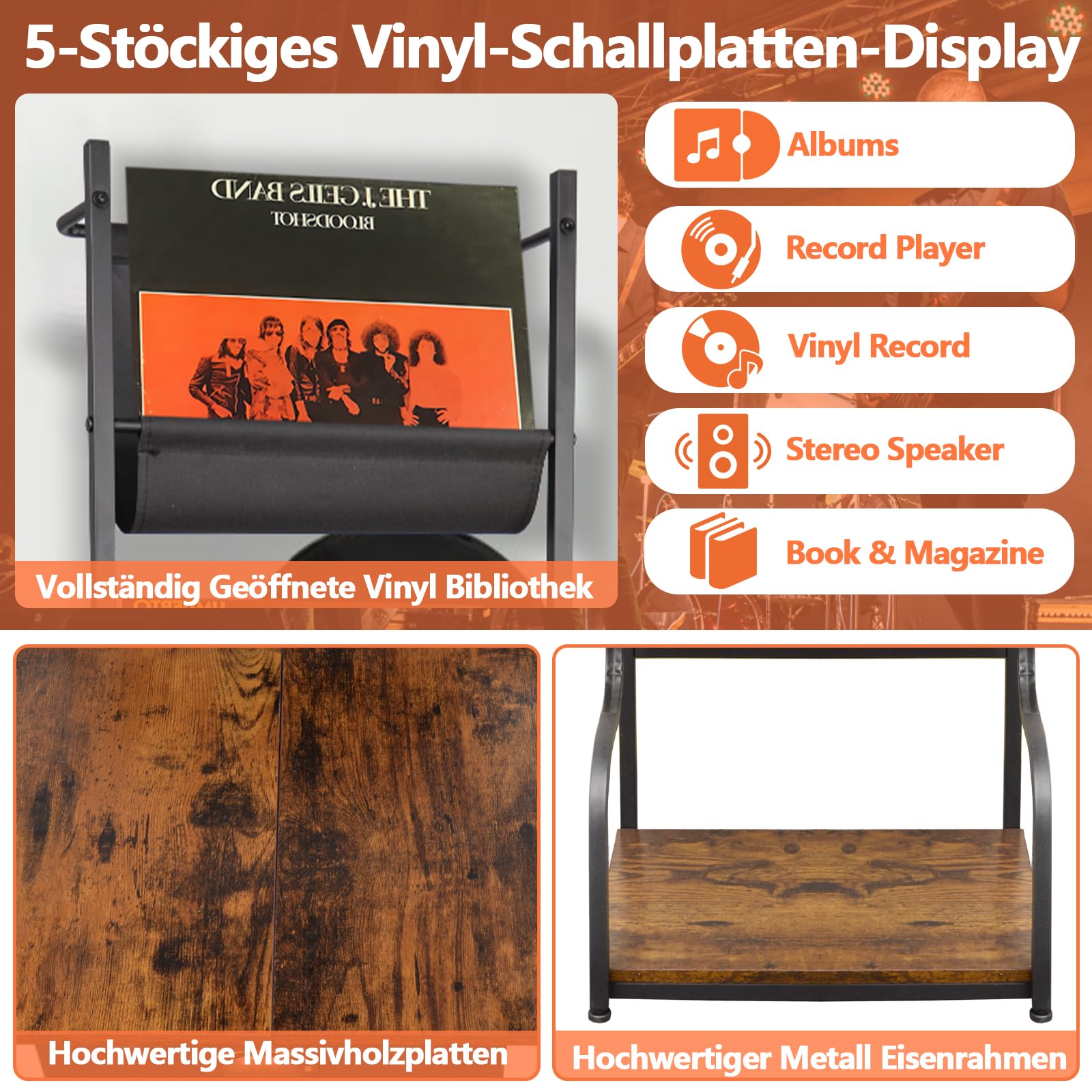 Plattenspieler Regal, Schallplatten Regal mit 5 Tier, 57 "x 12 "x 14" Schallplattenständer Aufbewahrung, Hält 100 Alben, Plattenspieler Tisch für Wohnzimmer, Schlafzimmer, Magazin Turntable