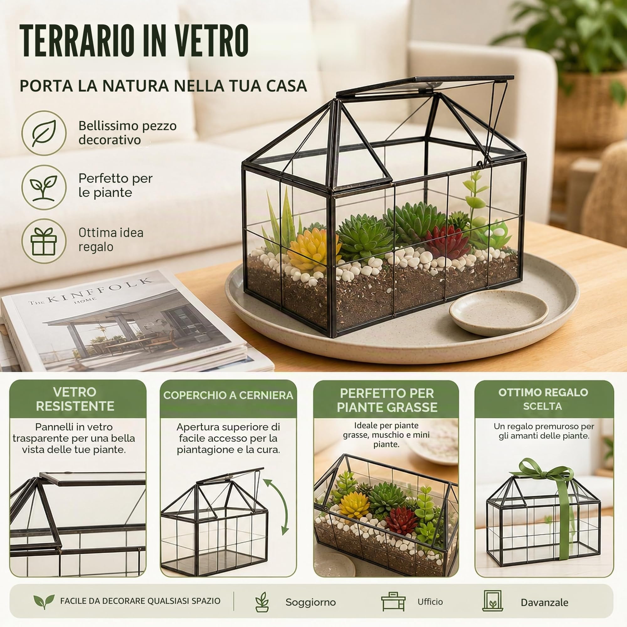 Ferrisland Terrario in vetro per piante grasse, grande vaso geometrico con bordo per felce grassa, pianta aerea, da tavolo, idea regalo fai da te, in miniatura, per biglietti di nozze