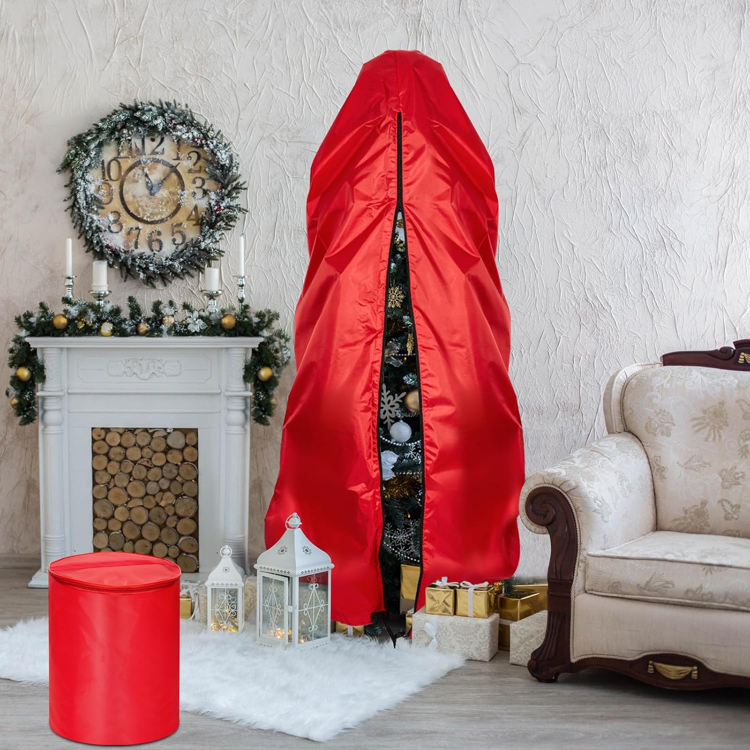 Upright Christmas Tree Storage Bag Christmas Tree Cover Waterproof for Light Storage with 3 Cardboard Wraps Large Size Storage Bag with Zippers and Handles(9 ft,Red) thumbnail
