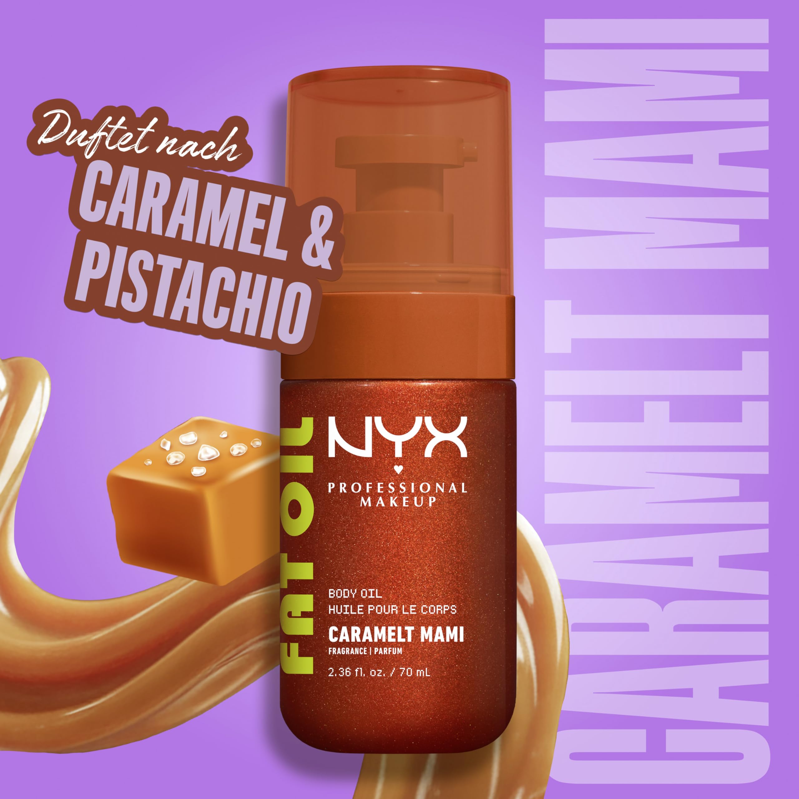 Set mit NYX Professional Makeup Hair & Body Fragrance Mist + Fat Oil Body Oil + Bodybutter Caramelt Mami, 24 H Feuchtigkeit, warmer Gourmand-Duft, vegan
