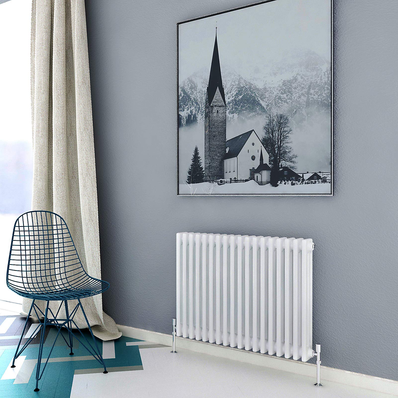 Acezanble∣3 Column Radiator, Horizontal 600mm White Wide Low Cast Iron Style Radiator Centre Heating for Window Hallway — image 1