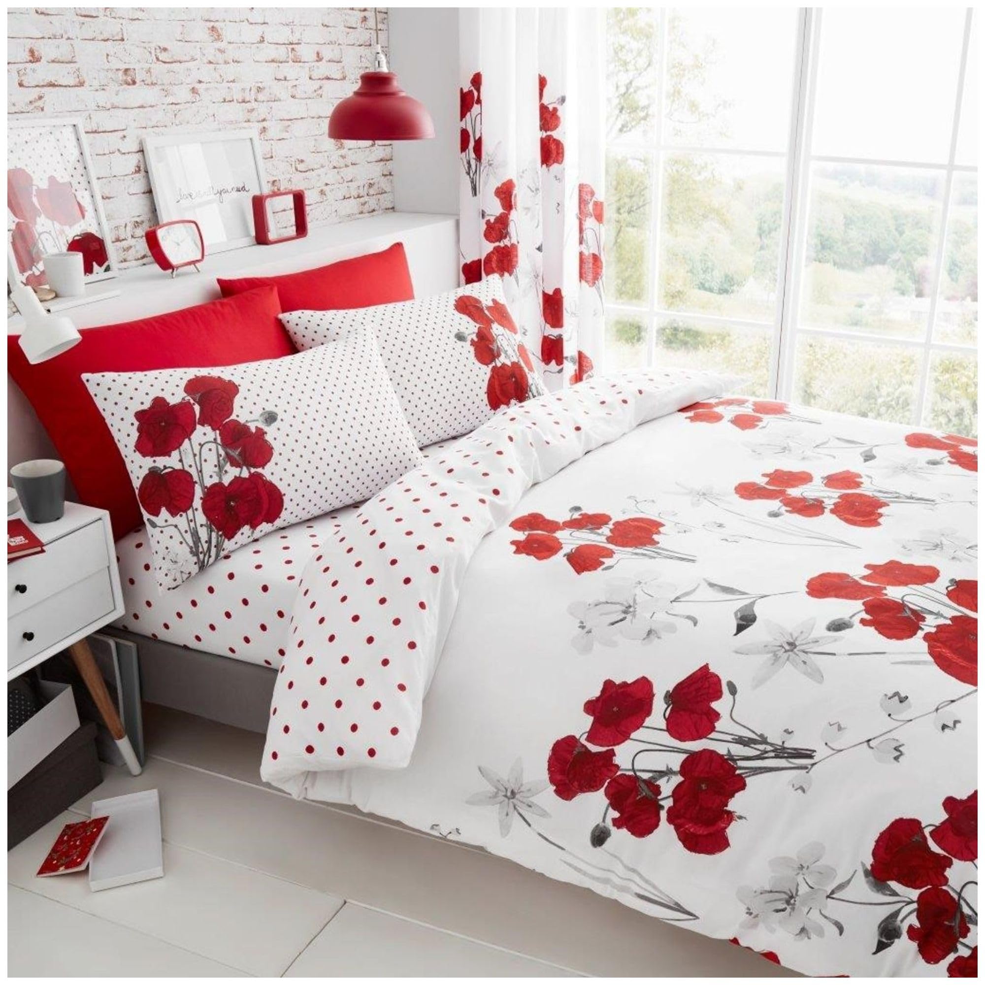 VELVETIO Poppy Flower Duvet Cover Set, Blossom Floral Bedding Sets with Pillow cases, Soft Poly Cotton Reversible Polka Dot Quilt Coverlet, Double Size Bedset, Red