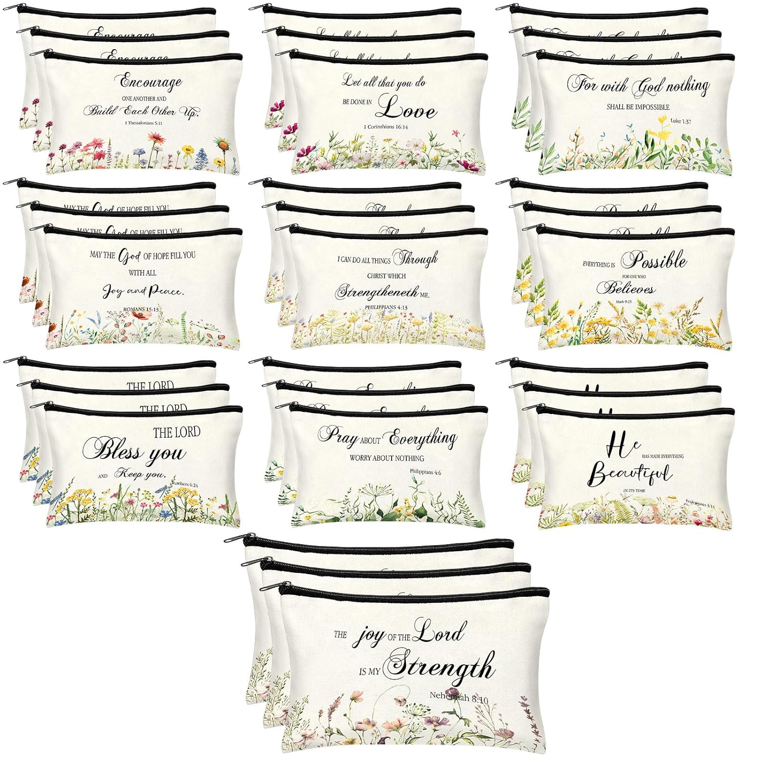 Jetec 30 Pcs Christian Gift for Women Bulk Religious Cosmetic Bags Christmas Inspirational Bible Verse Pencil Pouch Makeup Bags with Zipper for Travel Women Mother Church Favors(Brave,Morandi Style)