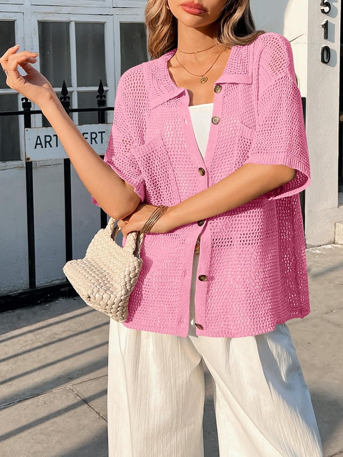 Fisoew Womens Crochet Lightweight Cardigan Sweaters Short Sleeve Summer Button Down Collared Loose Cover Up Shirts - Image 4