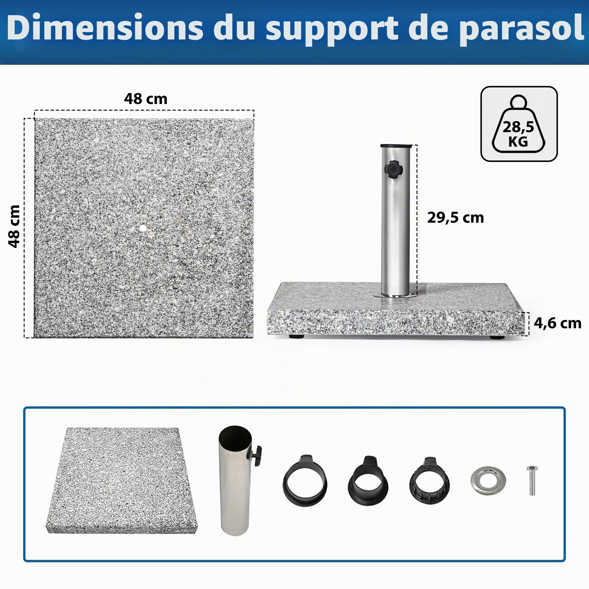 paramondo Pied De Parasol En Granit, Carré, 48 x 48 cm, Avec Douilles D'adaptation, Pour Parasols De Taille Moyenne