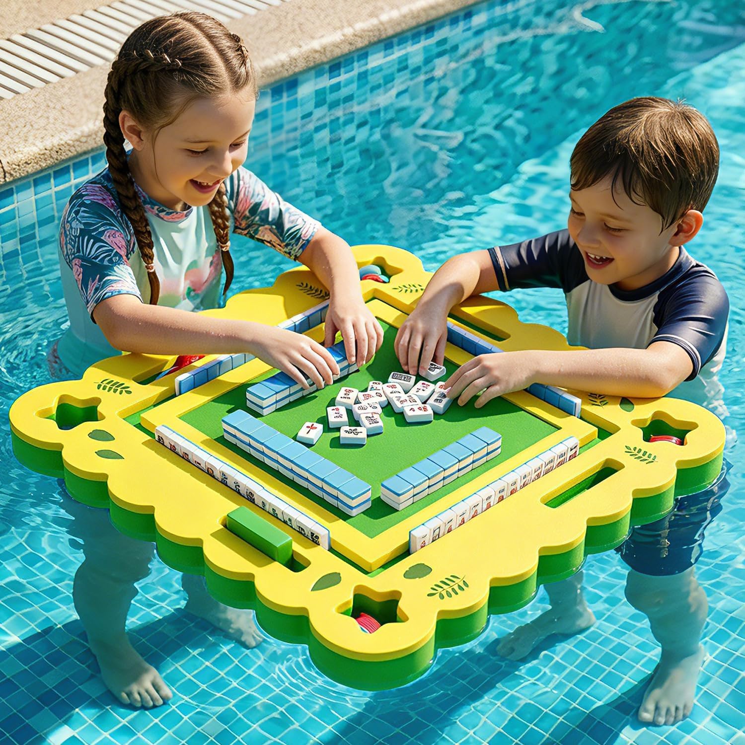 Floating Mahjong Table for Pool, 19" Tavel Size Waterproof Game Table for Mini Tiles, Pool Drink Holder Tray for Summer Party