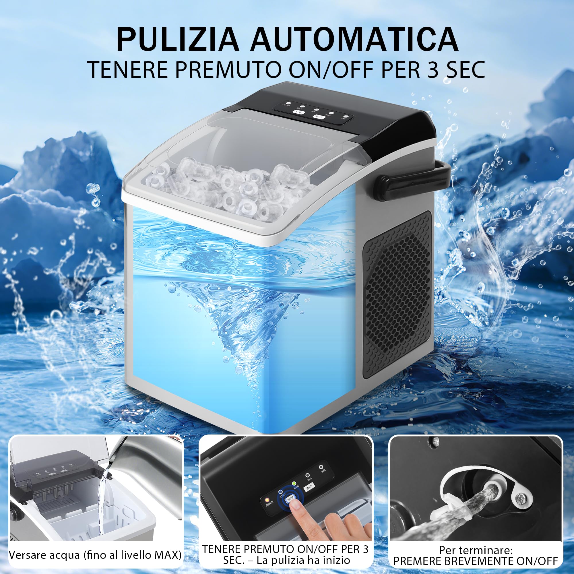 Citybee Macchina del Ghiaccio 12kg/24h con Maniglia Portatile, 2 Dimensioni di Ghiaccio, Silenzioso, 9 Cubetti in 6 Minuti, Ice Maker con Maniglia/Paletta/Cestello, Per Casa, Ufficio, Camper e Cucina