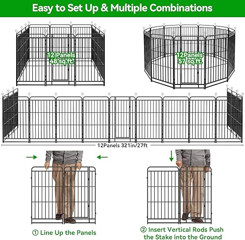 Miniatura 7 de Valla cuadrada de tubo de acero para perros, 12 paneles de 47 pulgadas de altura, antioxidante, resistente, con puertas, portátil, para patio,