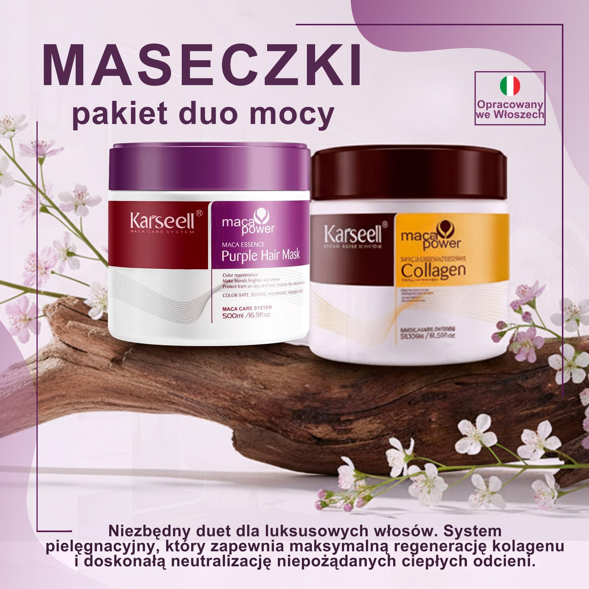 Karseell MACA CARE SYSTEM 1 Maska z Kolagenem + 1 Fioletowa Maska Tonująca Włosy Suche Zniszczone Farbowane Blond Siwe Rozjaśniane Regeneracja Nawilżenie Bez SLS 2 x 500ml