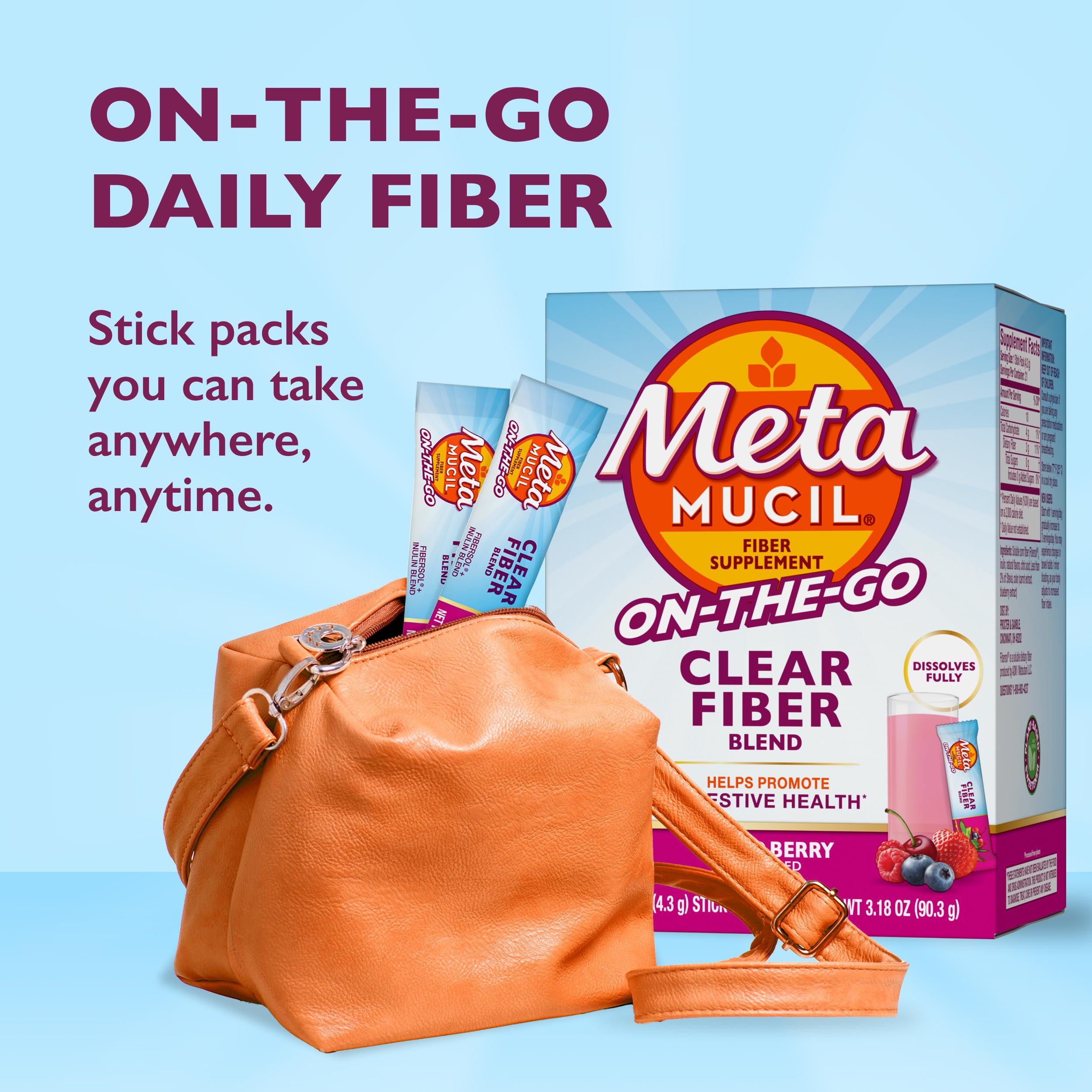 Metamucil Fiber Supplement, Clear Mixing Fiber Powder Stick Packs, Mixed Berry Flavor, On the go, Plant Based Prebiotic Fiber Supplement Blend for Daily Digestive Health, 21 Stick Packs — Amazon image 6