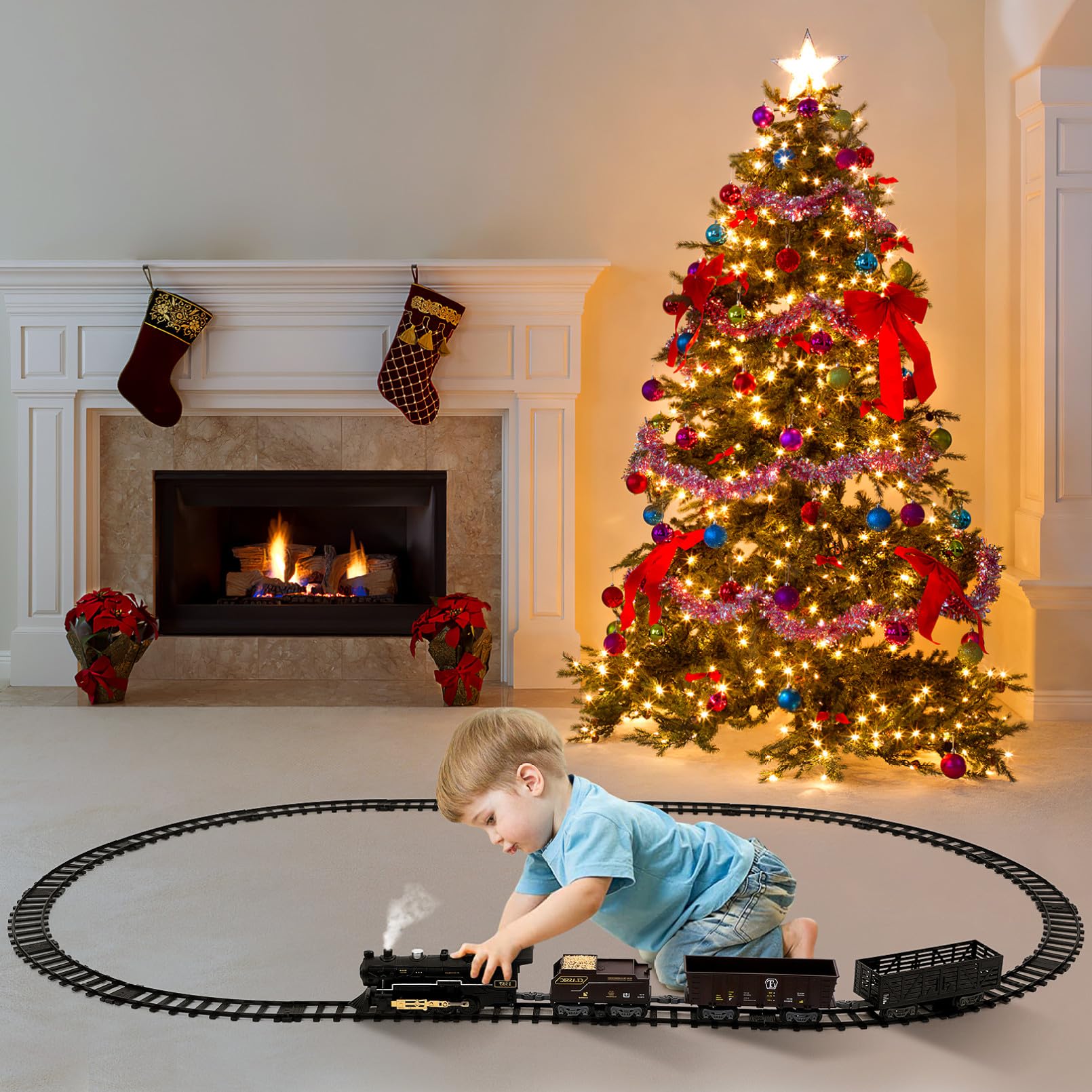 Toyvian Kit de train électrique pour garçons - Kit de train de Noël pour sous l'arbre avec lumière sonore - Pour garçons et filles - Facile à monter