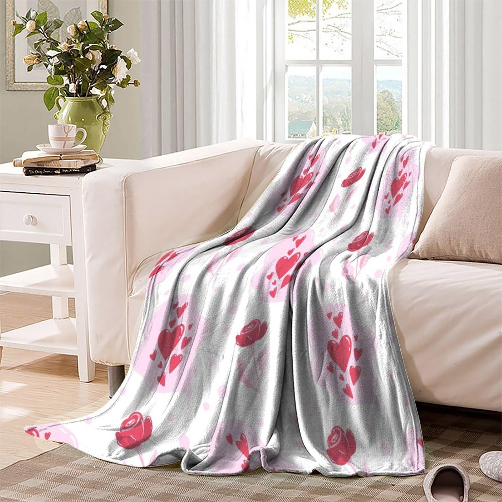 3D Gedruckte Herz Rosen Decke Mikrofaser Wohndeko Romantisches Muster Kuscheldecke Sofa Schlafzimmer Geschenk 80x90inch(200x230cm)