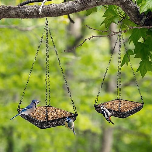 Miniatura 5 de MIXXIDEA Bandeja colgante para pájaros con plataforma de malla metálica con cadenas duraderas para jardín al aire libre, ideal para atraer pájaros