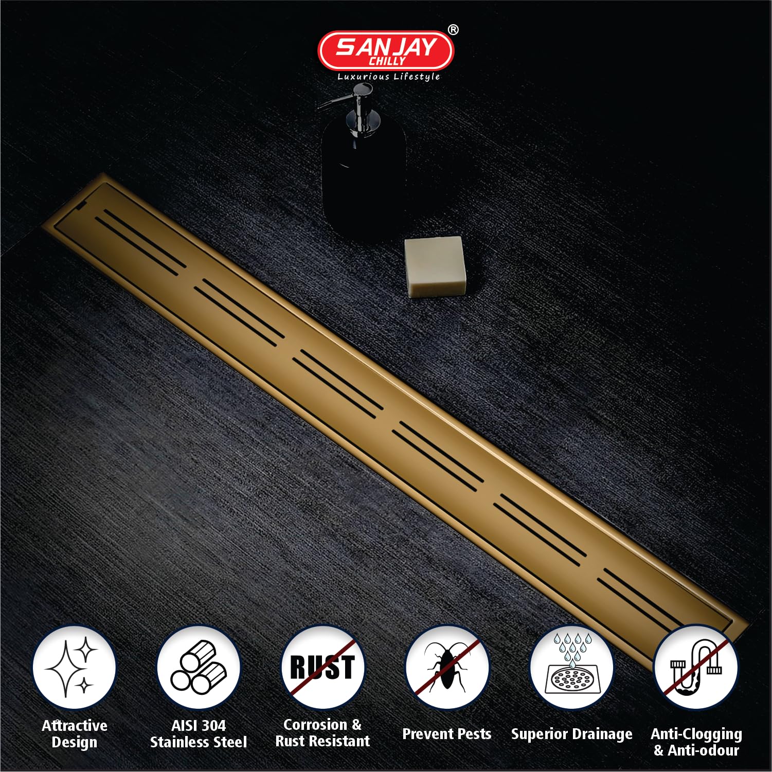SANJAY CHILLY Arena Shower Channel Drainer Colour Collection SS Floor Drain Channel 304 Grade Cockroach Trap with Collar Luxurious Bathroom Gratings (Side Hole - Brushed Bronze - 24x4 INCH) 3