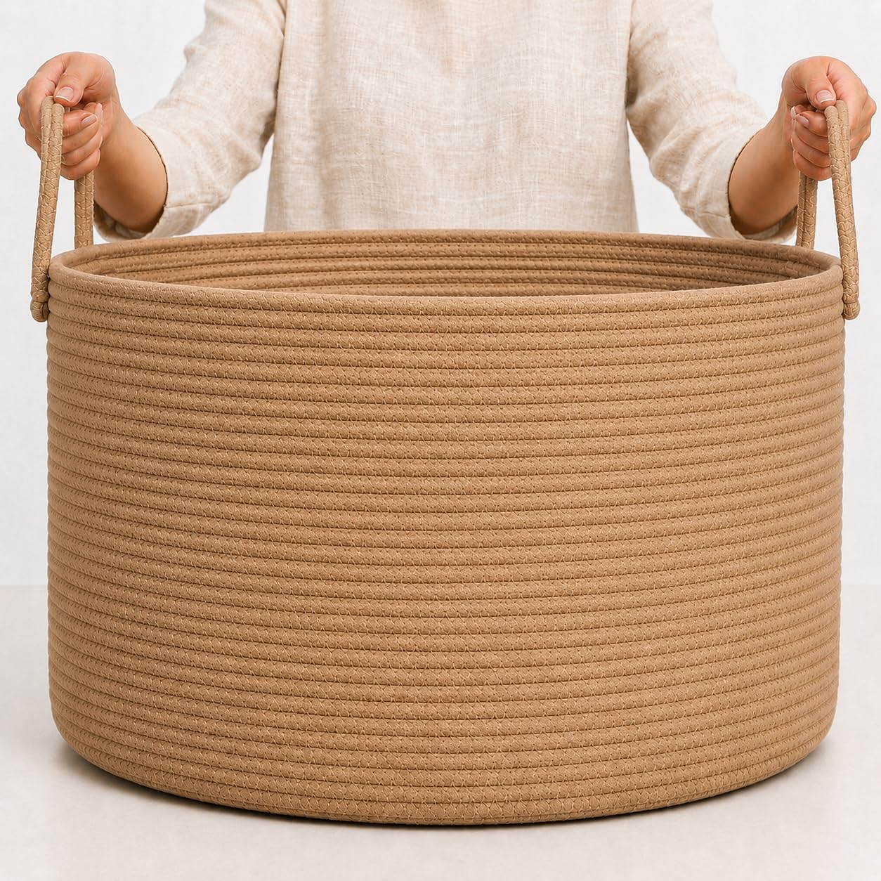OrganiHaus panier rangement 50x33 cm miel, corde de coton, bac à linge sale, jouets ou vêtements, panier déco pour salon ou chambre d'enfant