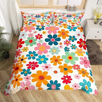 Cartoon Daisy Flowers Kids Duvet Cover Set Queen Size,Cute Sun Floral Princess Romantic Bedding Set,Boys Girls Room Decor,Groovy Coquet Girlish Vintage Quilt Cover,2 PillowcasesNo Comforter