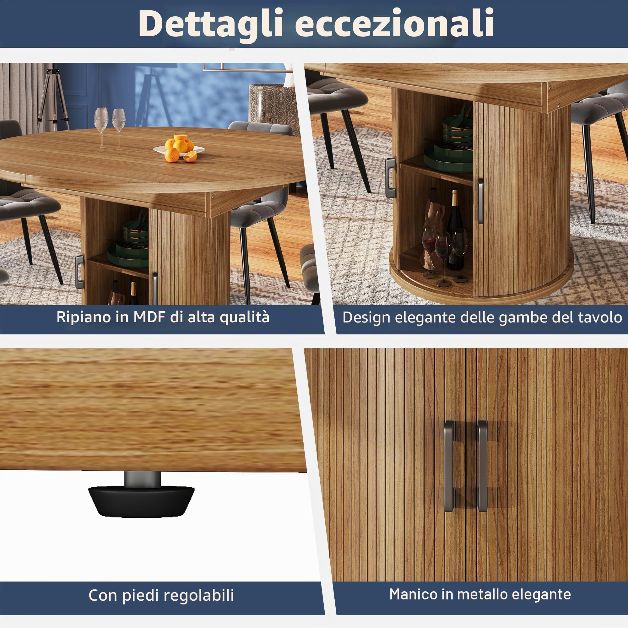 Tavolo da pranzo allungabile rotondo a ovale, tavolo da pranzo con vano portaoggetti, tavolo da cucina per 4-6 persone, tavolo rotondo salvaspazio con piano estraibile per soggiorno, cucina