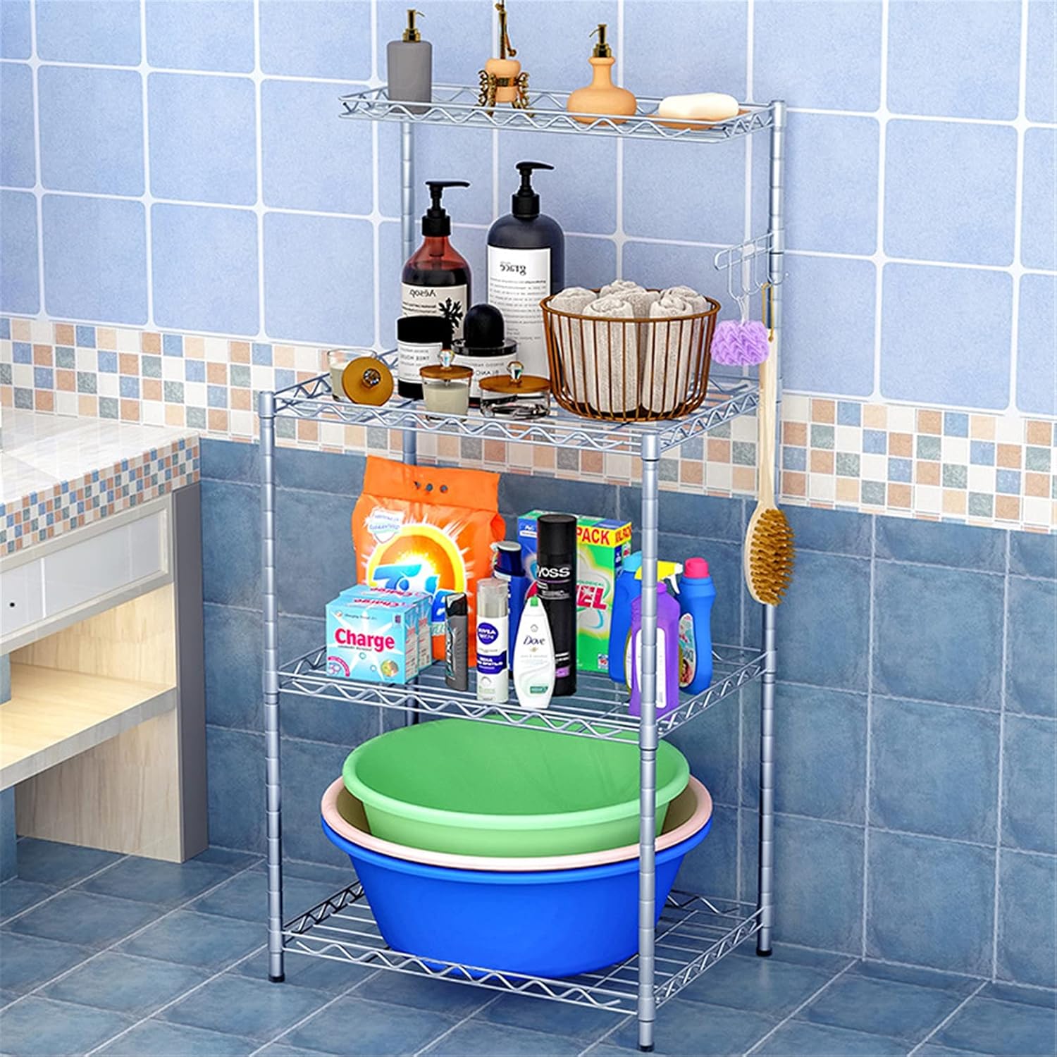 XIONGGG 4 Tier Kitchen Storage Shelf Standing Bakers Racks, Metal Utility Microwave Oven Stand, Height Adjustable, with 5 Hooks,Gold : Home & Kitchen