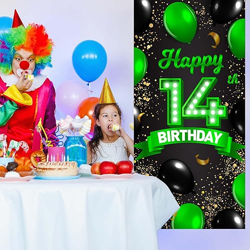 Miniatura 4 de Cartel verde y negro de feliz cumpleaños número 14, decoración temática de globos de confeti para niñas de 14 años, suministros de cumpleaños,