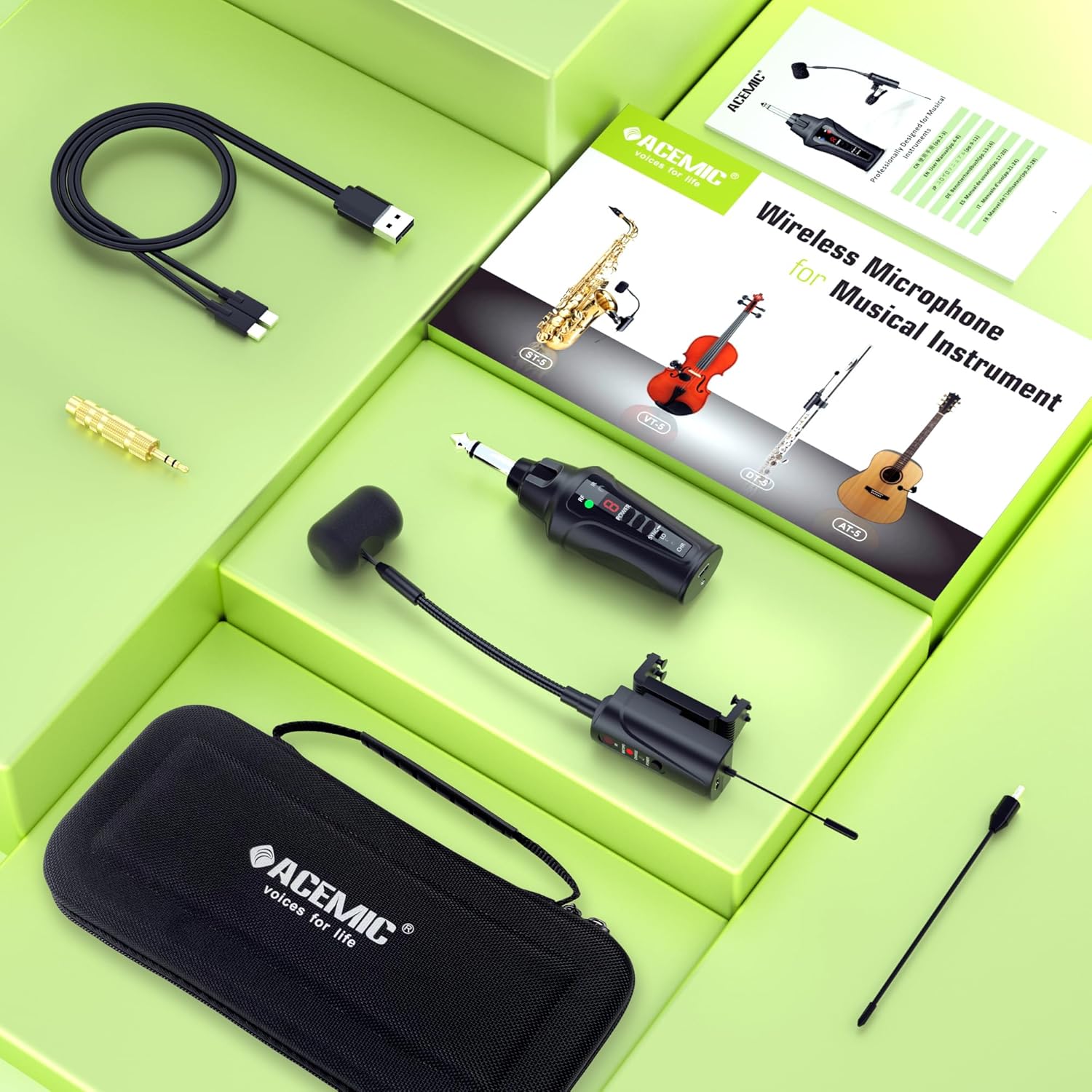 Contents of the ACEMIC VT-5 wireless microphone system package, including transmitter, receiver, charging cable, adapter, and carrying case.