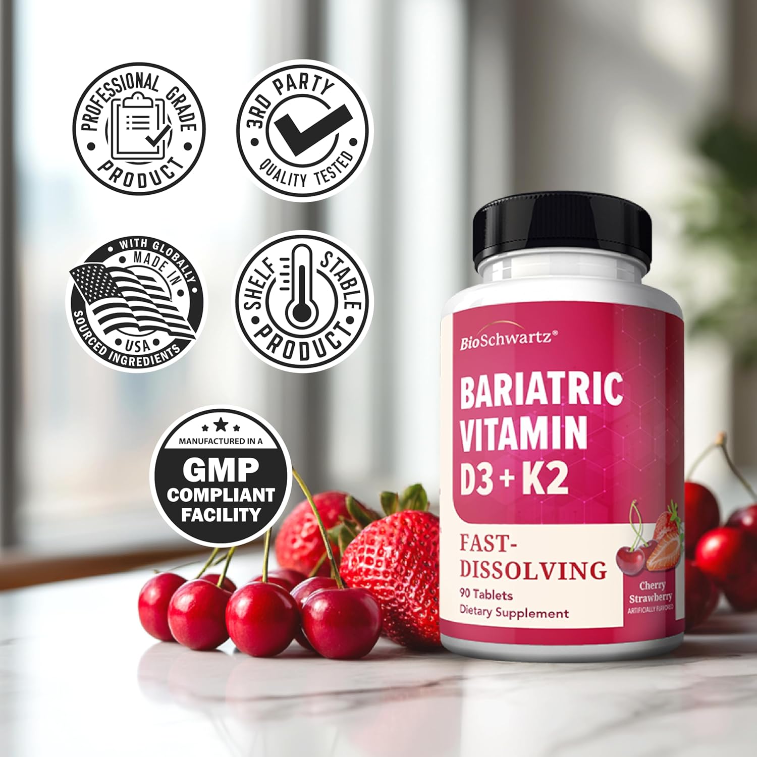 BioSchwartz Bariatric D3 K2 Dissolvable Tablets - 90 Cherry-Strawberry Tablets - Supports Bone Strength - Bariatric Vitamins for Women with Vitamin D3 5000 IU - Third Party Tested, 90 Servings - Image 7