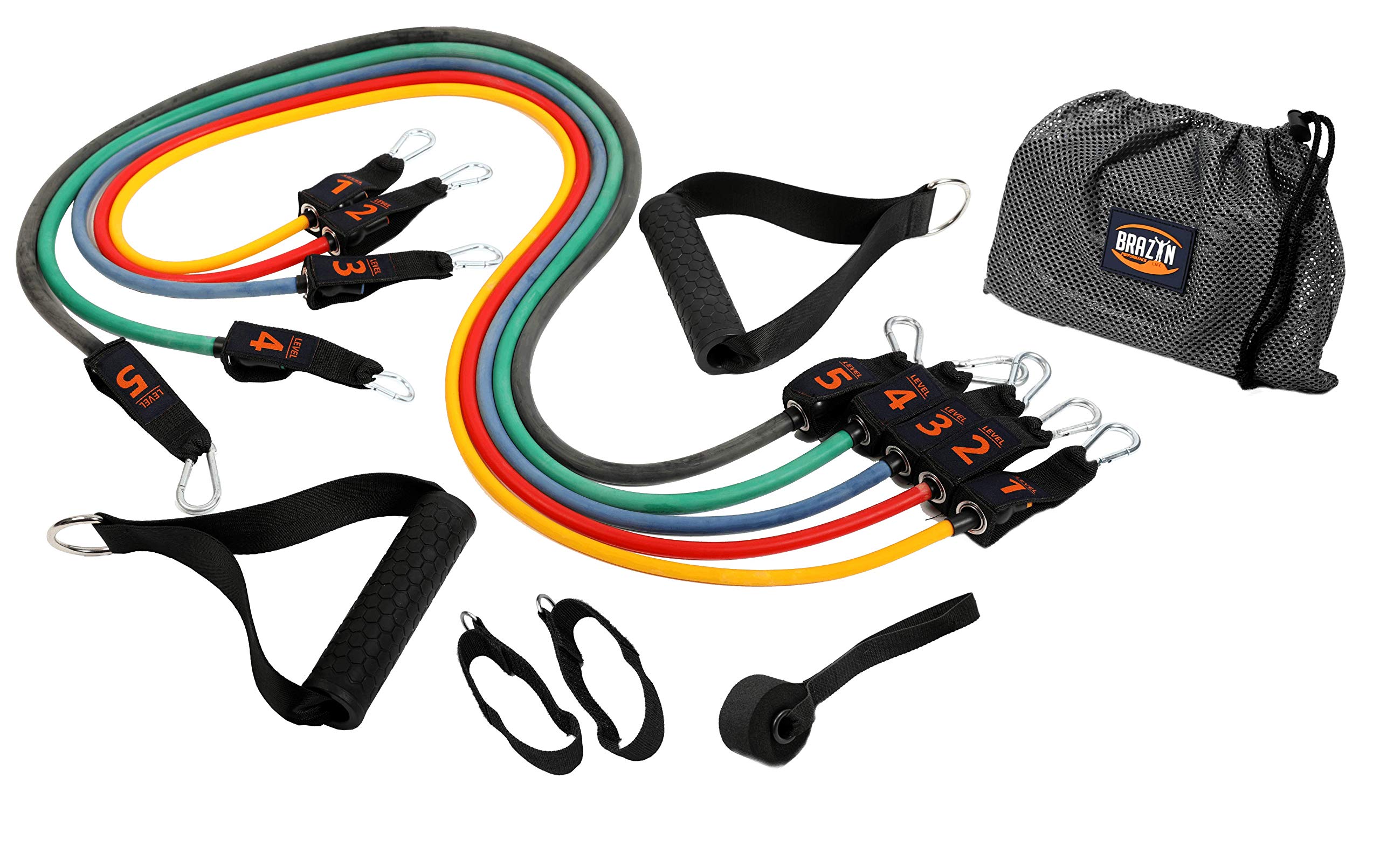 Brazyn Widerstandsbänder-Set mit Griffen, 12-teiliges Band-Set mit Reisetasche, Anleitung, Knöchelriemen und Türanker, für Workout, Fitnessstudio, Krafttraining, Bungee, Yoga, Pilates, Physiotherapie