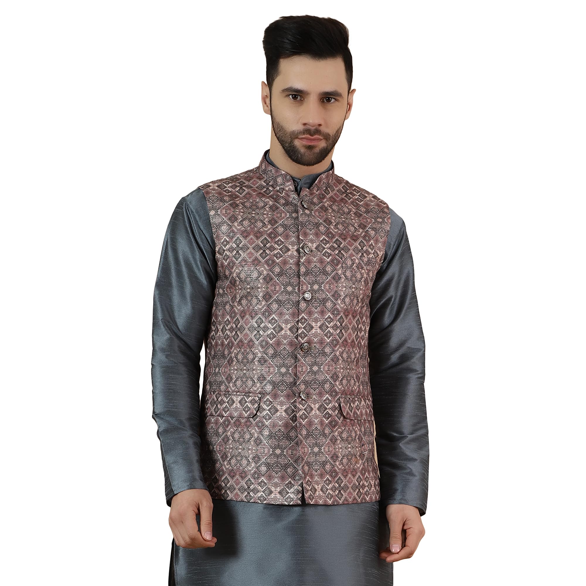 wintage Men's Digital Print Cotton Silk Brown Modi Nehru Jacket-picture-31